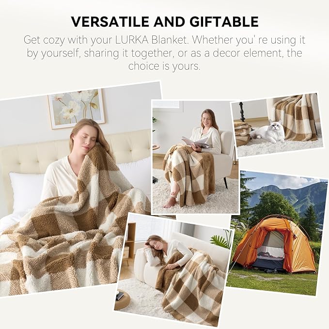LURKA Checkered Sherpa Fleece Throw Blanket – Soft and Cozy, Medium Weight for All Season, Plush Throw for Couch, Bed & Pets, Brown, 50x60 Inches
