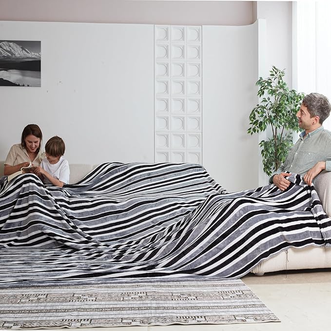 COOVA Oversized King Fleece Blanket 120x120 inches, Soft Cozy Warm Giant Extra Large 10'x10' Blanket for Bed, Sofa, Couch,Travel, Camping, California Huge Flannel Big Throw Blanket, Grey Stripes