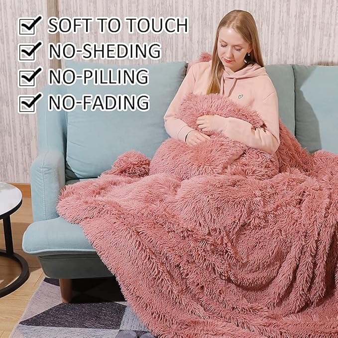 YUSOKI Long Faux Fur Twin Size Blanket,2 Layers,3.4lb for Bed Couch Home Décor Gifts Women (Pink,60" x 80")