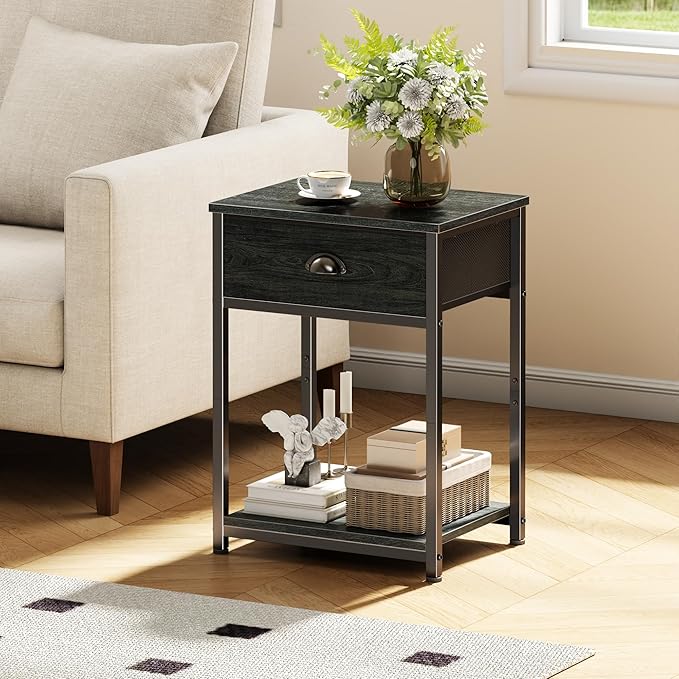 Furologee Nightstands Set of 2, Industrial End Table with Fabric Drawer&Storage Shelf, Small Bedside Table Organizer for Small Space for Living Room, Tall 23.6" Night Stand for Bedroom, Black Oak