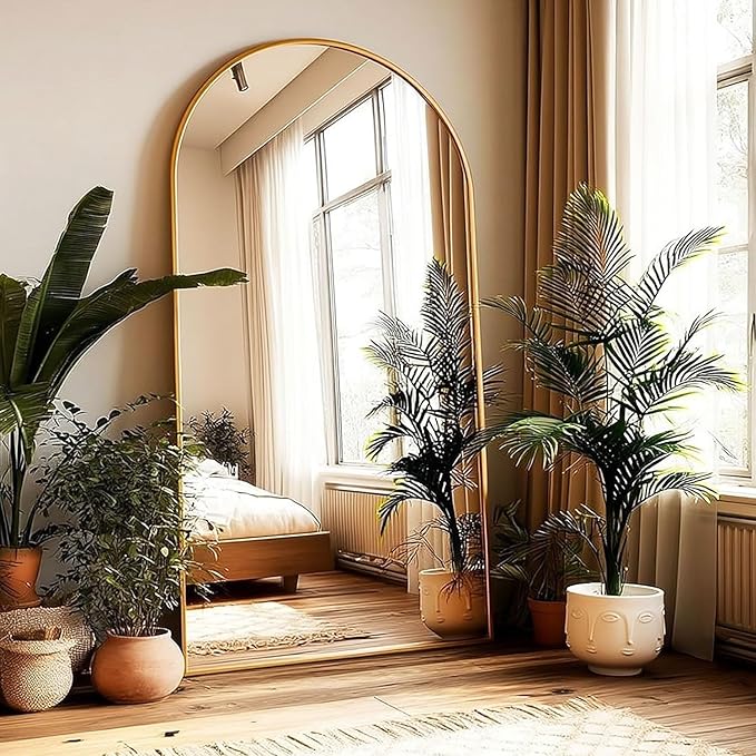 Full Length Floor Mirror, 91x46 Inch Oversized Arched Standing Mirror in Gold for Bedroom, Living Room, Dressing Room - Elegant Freestanding Leaning Mirror Decor