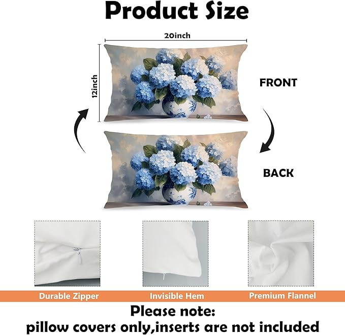 Blue Chinoiserie Hydrangea Floral Lumbar Pillow Cover 12x20 Double-Sided, Grandmillennial Decor, Vintage Farmhouse Spring Flower Decorative Throw Pillow Cover for Living Room Home Bedroom