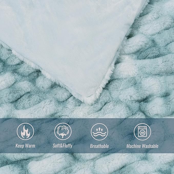 Ultra Soft Luxury Faux Fur Throw Blanket for Couch, Fuzzy Fluffy Plush Warm Cozy Ruched Blanket for Sofa Bedroom Living Room, Elegant Gift Idea for Women (50"x60",Tie-dye Freshwater Blue)
