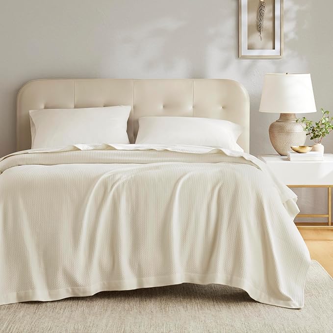 Madison Park 100% Egyptian Cotton Lightweight Summer Blanket, Breathable Waffle Knit Design, Soft Cozy All-Season Throw for Bed, Couch or Sofa, Cream King Size (108"x90")