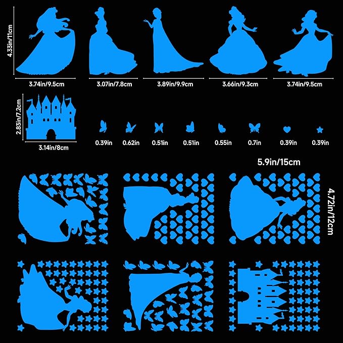 Glow in The Dark Princess Castle Wall Sticker, Self-Adhesive Star Butterfly Wall Decal for Girl's Room, Fluorescent Sticker for Ceiling Nursery (Blue)