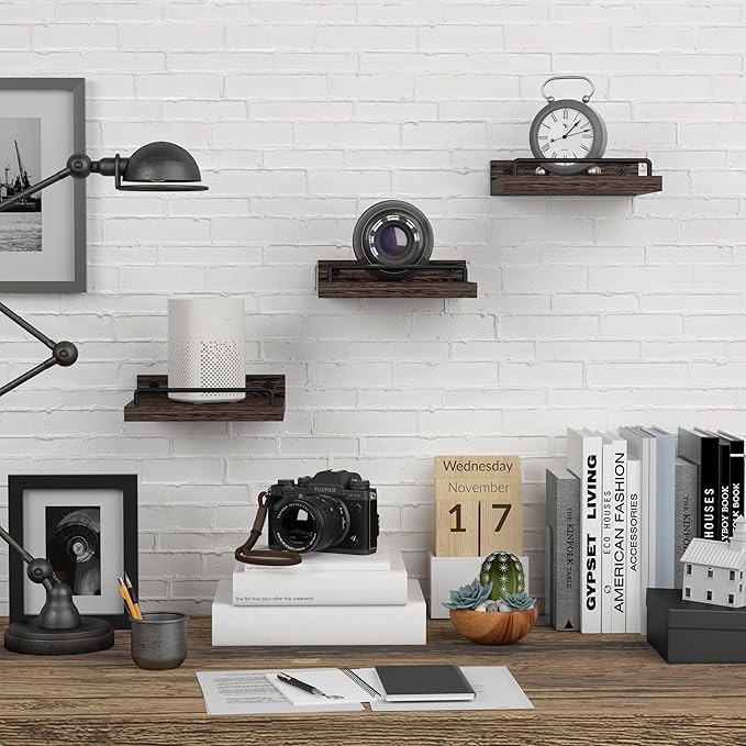 Small Floating Shelf, 6X6 Inches Farmhouse Wall Shelves for Living Room, Bedroom, Picture Frames, Plants, Kitchen, Set of 3 (Brown)