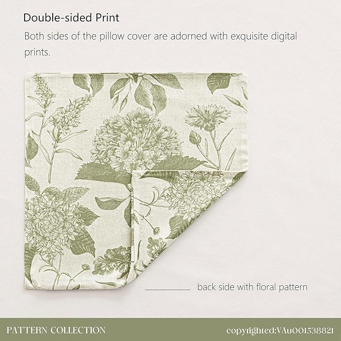 Foindtower Set of 2 Linen Floral Throw Pillow Covers Vintage Accent Print Decorative Cozy Cushion Covers Farmhouse Boho Home Decor for Sofa Chair Couch Bedroom Living Room,18×18 Inch,Light Green
