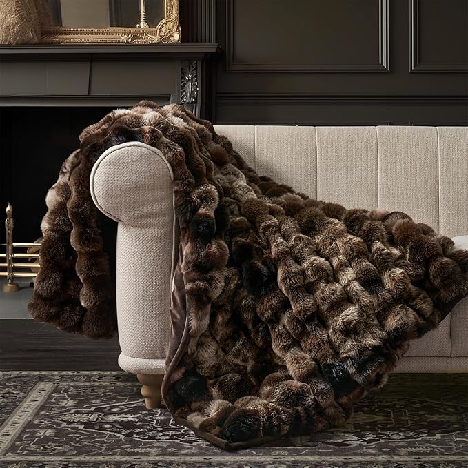 EverGrace Ultra Soft Luxury Fluffy Faux Rabbit Fur Throw Blanket, Thick Warm Bubble Throw for Bed, Cozy Plush Reversible Blankets for Couch, Chair, Sofa, Mocha Brown, 50x60 Inches
