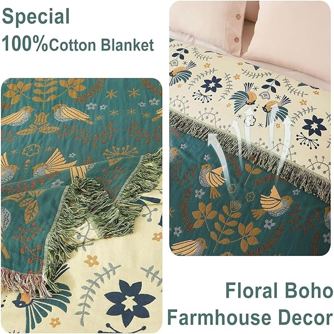 Boho Throw Blanket - 100% Cotton Soft Throw Blanket for Bed, 90"x90" Reversible Breathable Lightweight Spring Blankets, All Seasons Farmhouse Decor Floral Plant Bird Throw Quilt