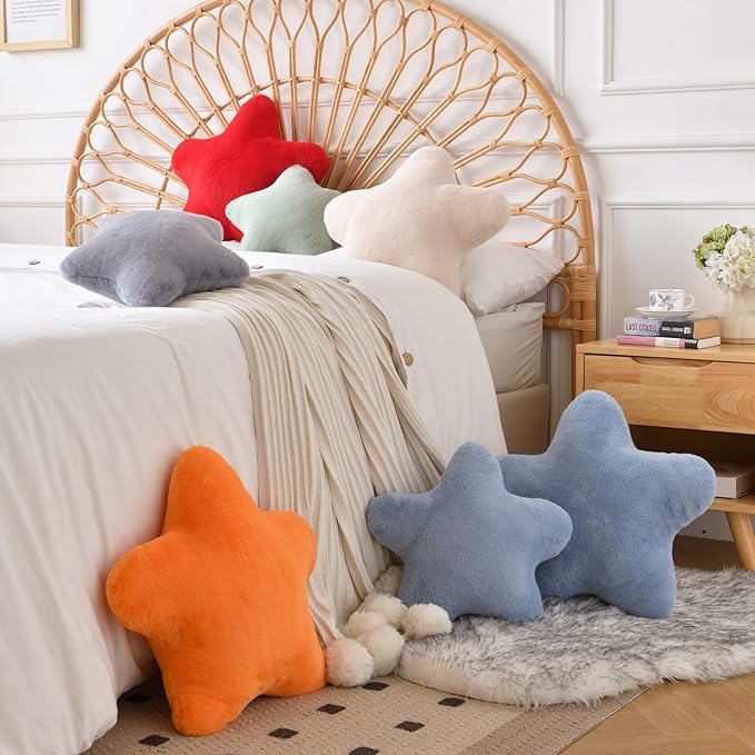 Xiashrk Star Pillow, Decorative Throw Pillows for Bed Couch, 15" Star Shaped Pillow Plush Floor Cushions Room Decor Pillow with Faux Rabbit Fur for Sofa Bedroom Living Room (Orange, 19.6" x 19.6")