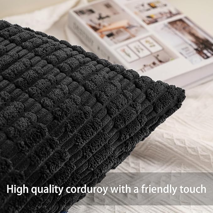 Aegero Pack of 2 Corduroy Decorative Throw Pillow Covers 12x24 Inch Soft Striped Pillow Covers Modern Farmhouse Home Decor for Sofa Living Room Couch Bed（Black）