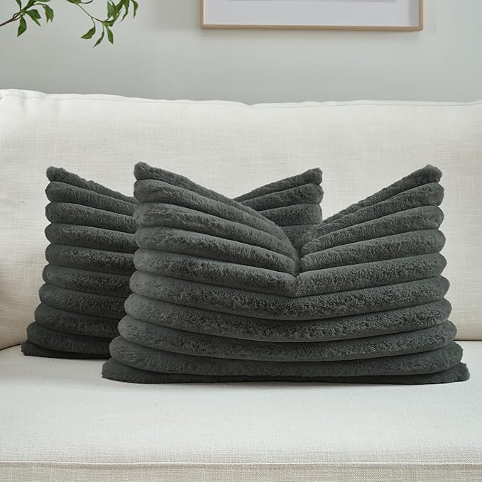 FUTEI Dark Grey Decorative Throw Pillow Covers Set of 2, 12x20 Inch Soft Fluffy Faux Fur Plush Striped Lumbar Pillowcases, Modern Home Decor for Couch Bed Living Room