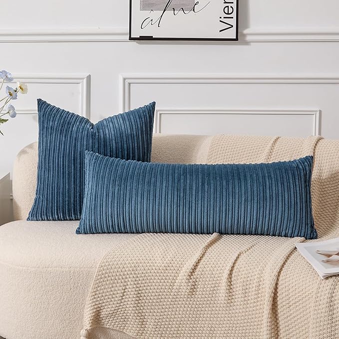 UGASA 14x36 Inch Pillow Cover Pack of 1 Soft Boho Stripe Corduroy Large Long Rectangular Lumbar Cushion Cover Farmhouse Decorative Throw Pillowcase for Bed Couch Sofa Bedroom Living Room, Dusty Blue