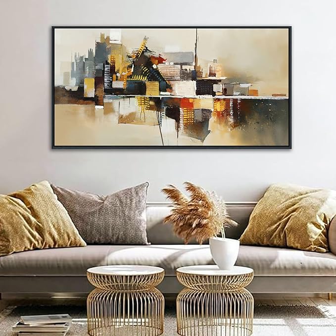 Yellow Abstract Wall Art for Living Room - Modern Wall Art - Framed Large Wall Decor - Canvas Pictures for Bedroom, Office, Above Bed - Contemporary Artwork for Home Decor 24×48IN