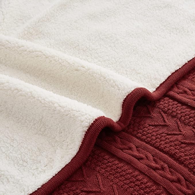 Longhui bedding Acrylic Cable Knit Sherpa Throw Blanket - Thick, Soft, Big, Cozy Wine Red Knitted Fleece Blankets for Couch, Sofa, Bed - Large 60 x 80 Inches Coverlet All Season, Burgundy Color