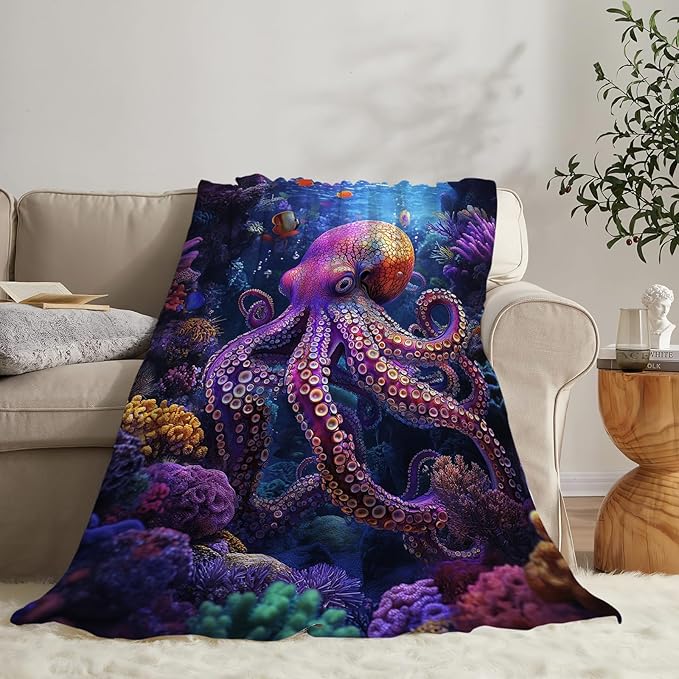 Octopus Blanket Ocean Octopus Throw Blankets Decor Stuff Cozy Flannel Fleece Soft Plush Fuzzy Warm Lightweight Bedding Gifts for Women Girls Kids 80"X60"