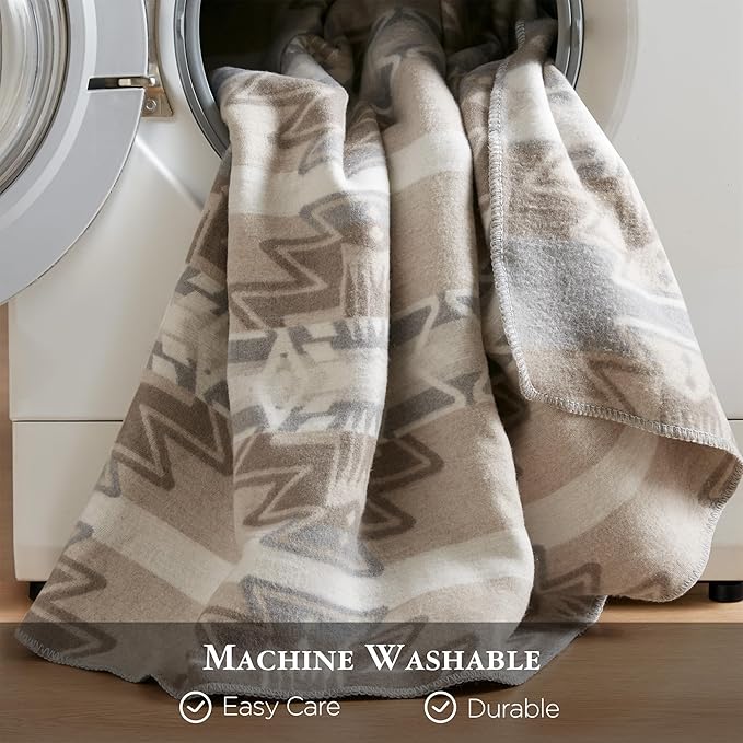 Woolrich Cotton Blend Jacquard Blanket with Whipstitch Edge, Lightweight All-Season Bed Blanket, Machine Washable, Oeko-TEX Certified, Neutral Aztec, King