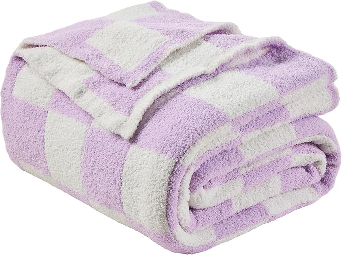 JOOJA Soft Cozy Checkerboard Lilac Blanket Fluffy Knit Throw Blanket for Couch Plaid Checkered Blanket Lilac 50x60 in