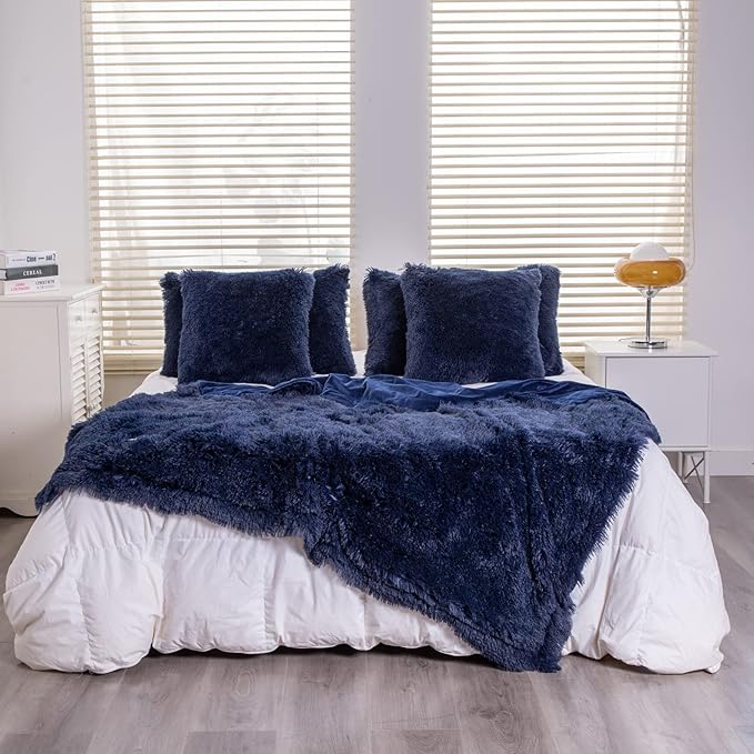 YUSOKI Long Faux Fur Throw Blanket for Sofa Couch,2 Layers,2.1lb,All Ages,Home Decoration, (Navy Blue,50" x 60")