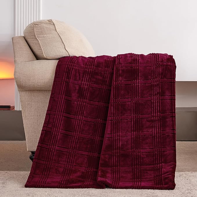 Super Soft Flannel Queen Blanket 90x90 Inches, Premium Checkered Jacquaed Silky Fleece Lightweight Bed Blanket All Season Use, Burgundy Strip, 90"x90"