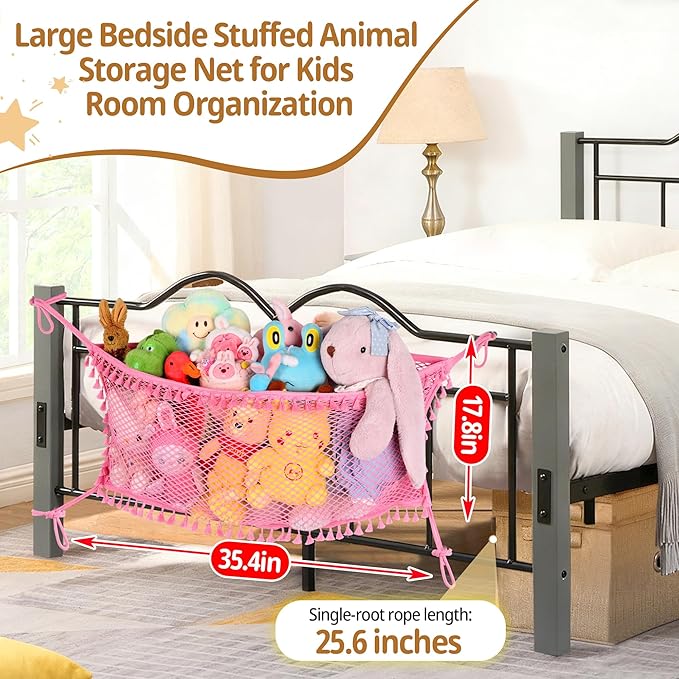 Stuffed Animal Storage Net, Large Bedside Toy Organizer Net, Cotton Plushie Toy Storage Hammock with Tether for Stuffed Animals Room Organization (Pink, 2 Pack)