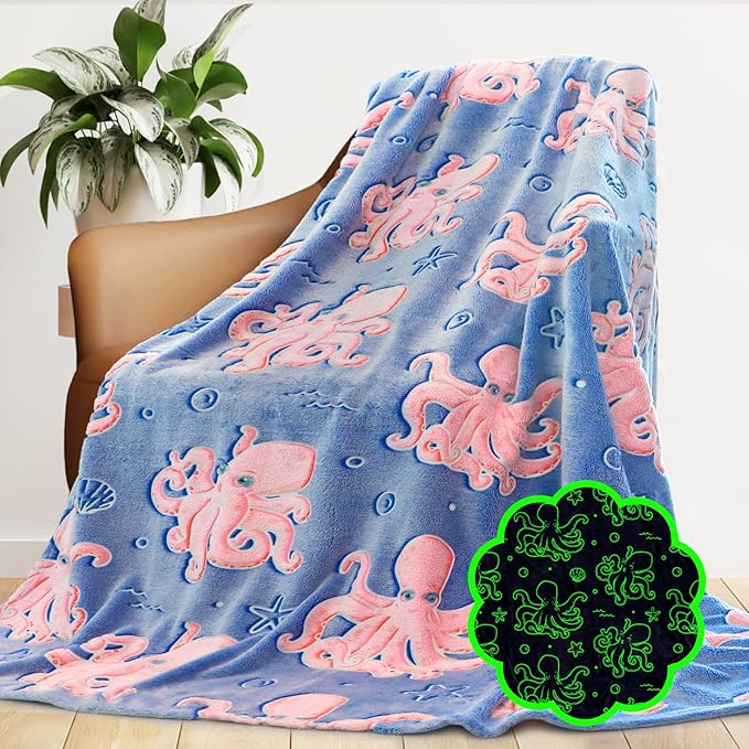 Octopus Twin Blanket for Couch & Bed, Large Soft Warm Ocean Blanket for Adults Kids, Blue Sea Animal Twin Size Fleece Throw for Bedroom Home Decor 60"x80"