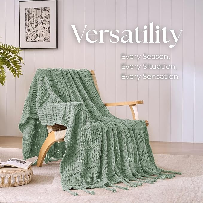 Boho Knitted Chenille Blanket with Tassels - Lightweight & Soft All-Season Throw - 3D Classic Pattern for Living Room Bedroom Couch, Sage Green, King 90"x108"