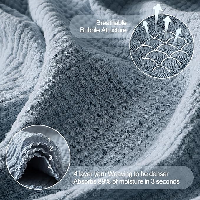WDCOZY 100% Cotton Muslin Blanket Queen Size 4-Layer for Bed Breathable Lightweight Soft Large Boho Farmhouse Linen Tassels Ruffle Gauze Blankets All Season for Adults 90x90 Inches Dusty Blue