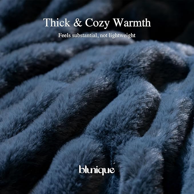 Faux Fur Blanket, Throw Blanket for Couch, Fluffy Blanket with Stretch Ruched Design, Ultra Soft Giftable Home Decor, 50x60 inches, Blue