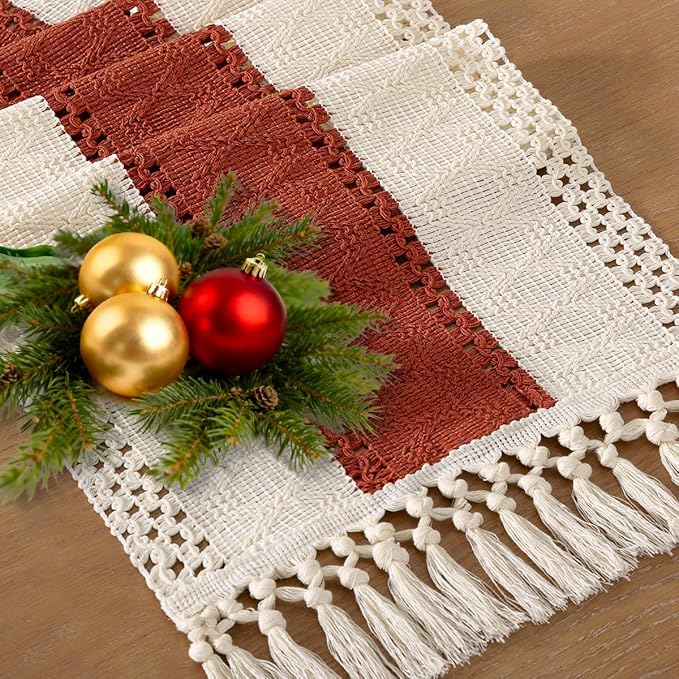 Socomi Boho Table Runner Easter Spring Farmhouse Rustic Dining Kitchen Centerpiece Macrame Woven Cotton Linen Coffee Table Runner for Dresser Scarf Home Decor 12x72 inch Terracotta Ivory