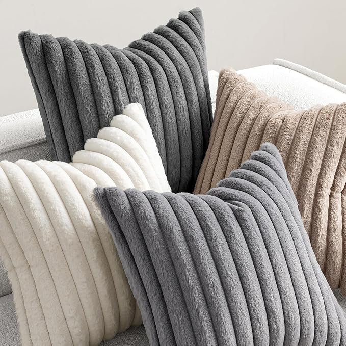 MIULEE Faux Fur Plush Decorative Throw Pillow Covers 18x18 Set of 4, Boho Farmhouse Soft Fuzzy Striped Cushion Covers for Sofa Couch Bed Living Room Vintage Rustic Home Decor,Grey Taupe