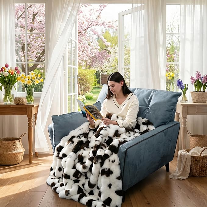 Cow Print Faux Fur Throw Blanket for Couch, Ultra Soft Cozy Blanket Portable Foldable for Travel Spring Camping Home Leisure, Easy Care, Ideal for New Mom Women, 50x60