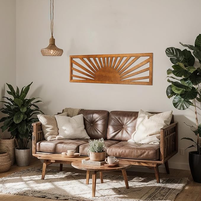 Burbell Sun Wall Art Decor 35'' x 12'' Large Boho Sun Wall Decor Wooden Horizontal Vintage Bohemian Hanging Rectangle Panoramic Above Bed Decoration for Bedroom Home(Dark Brown)