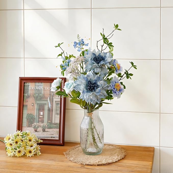 Artificial Flowers in Vase Centerpiece – Blue Dahlia & Rose Arrangement, Coastal Style Faux Floral Table Decorations for Coffee Table, Dining Room, Living Room, Bathroom & Beach House Home Decor