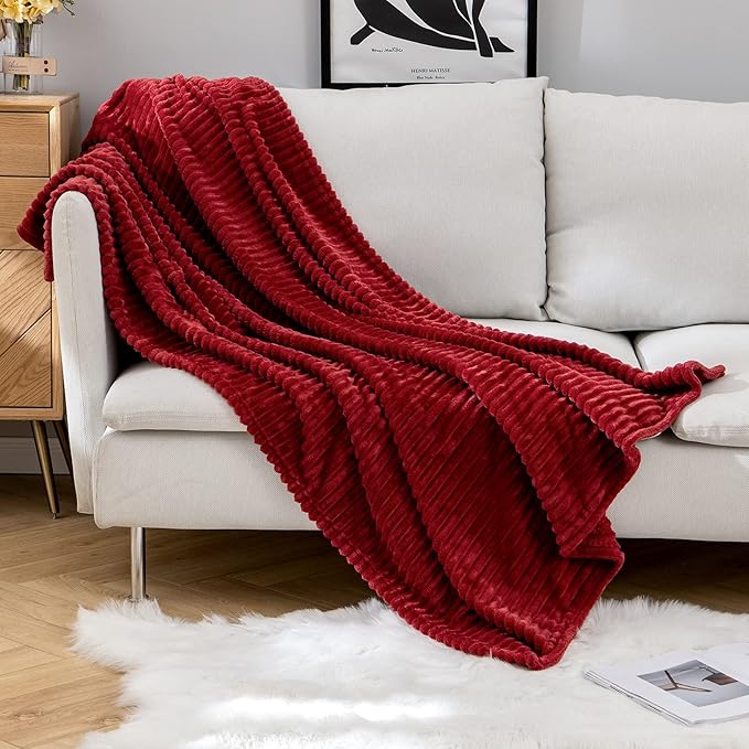 MIULEE Fleece Throw Blanket for Couch 300GSM Super Soft Lightweight Plush Striped, Burgundy Red Warm Cozy Breathable Ribbed Blanket for Bed/Sofa, Throw Size 50"x60"