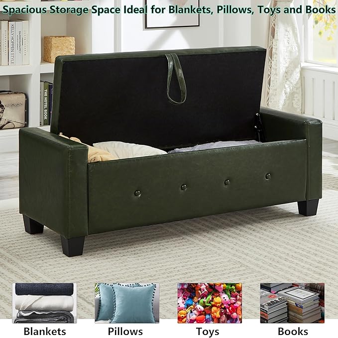 48" PU Leather Storage Ottoman Bench for Bedroom Bed End,Tufted Faux Leather Ottomans with Storage for Living Room,Bedside,Entryway,Modern Window Benches with Seating (PU Green, 48")