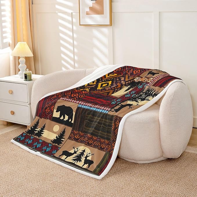 Deer Moose Bear Fleece Blanket Twin 60"X80",Boho Aztec Sherpa Blanket Western Rustic Woodland Throw Blanket For Bed Sofa Couch,Pine Tree Red Brown Stripe Bed Blanket For Country Lodge Cabin Decor