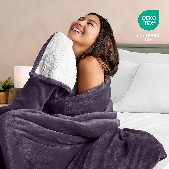 Bare Home Sherpa Fleece Blanket - Full/Queen Size - Blanket for Bed, Sofa, and Couch - Warm & Lightweight - Fluffy & Soft - Reversible (Full/Queen, Eggplant)