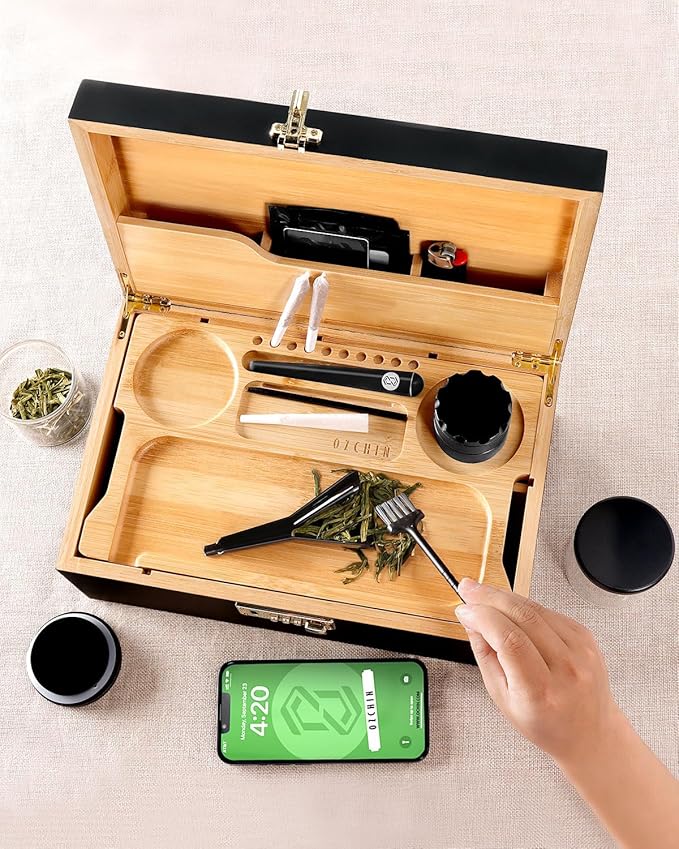 OZCHIN Large Bamboo Box with Combination Lock Decorative box for Home Great Gift Choice Storage Lockbox with Storage Jar, Gifts for Men Women (Black, 12 x 7.6 x 5.1)