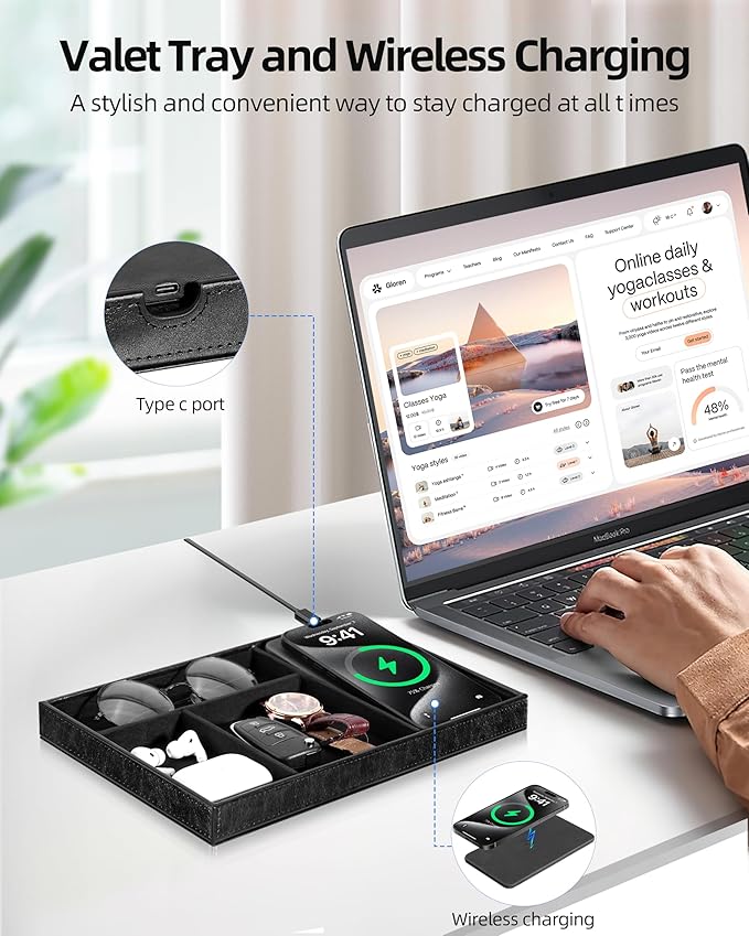 Valet Tray with Wireless Charger, Nightstand Organizer for Men, EDC Catchall Tray for Keys, Watch, Wallet, Jewellery, Premium Vegan Leather, Bedside Caddy, Stylish and Organized, PU Black