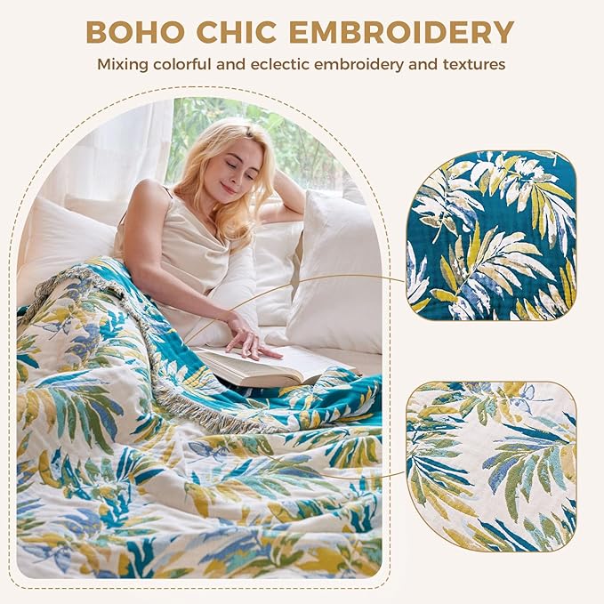 Boho Throw Blanket for Couch Sofa Chair Cotton Spring Blankets for Bedroom Living Room All Season Soft Lightweight Reversible Leaves Embroidery Decorative Throws 50"x60" Home Decor