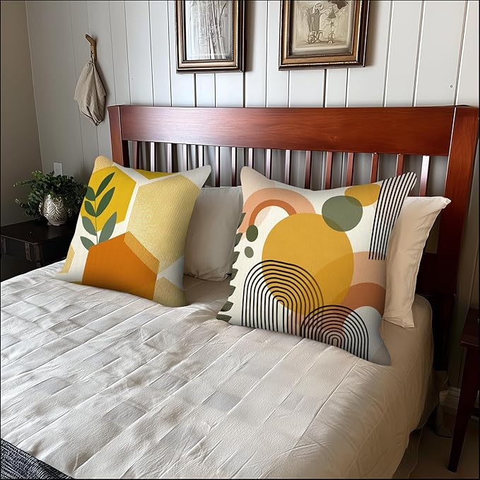 PICKFORU Boho Throw Pillow Covers Set of 4, 18x18 inch Abstract Yellow Green Throw Pillowcase Modern Art Cushion Case for Couch Sofa