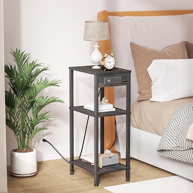 Tall Nighstand with Charging Station, 3 Tier Small End Table with Storage, Skinny Side Table with USB Ports and Outlets for Bedroom, Living Room, Office, Carbon Gray