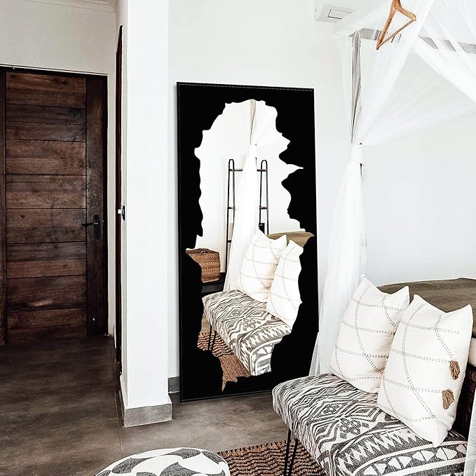Full-Length Mirror Free Standing Leaning Mirror with Artistic Black Abstract Overlay Deco, 55"x28" Shatterproof Wall-Mounted Mirror, Perfect for Living Room, Bedroom, Cloakroom, and Bathroom Decor