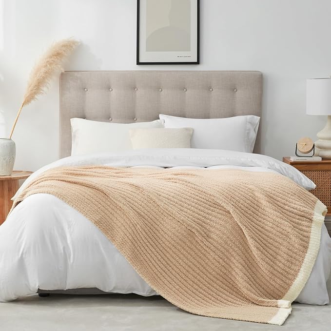 Snuggle Sac Soft Ribbed Beige Throw Blanket for Couch, Luxurious Fluffy Cozy Knit Throws for All Season, Reversible Warm Microfiber Netural Blankets for Couch, Sofa, Travel, Beige, 50x60 inches
