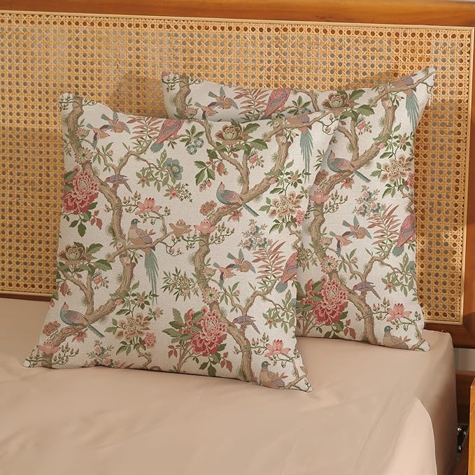 Chinoiserie Pillow Covers 24x24 Set of 2 Pink Green Bird Floral Throw Pillows Vintage Pink Flower Bird Decorative Pillow Cases Outdoor Chinoiserie Decor Farmhouse Cushion Case for Couch Sofa