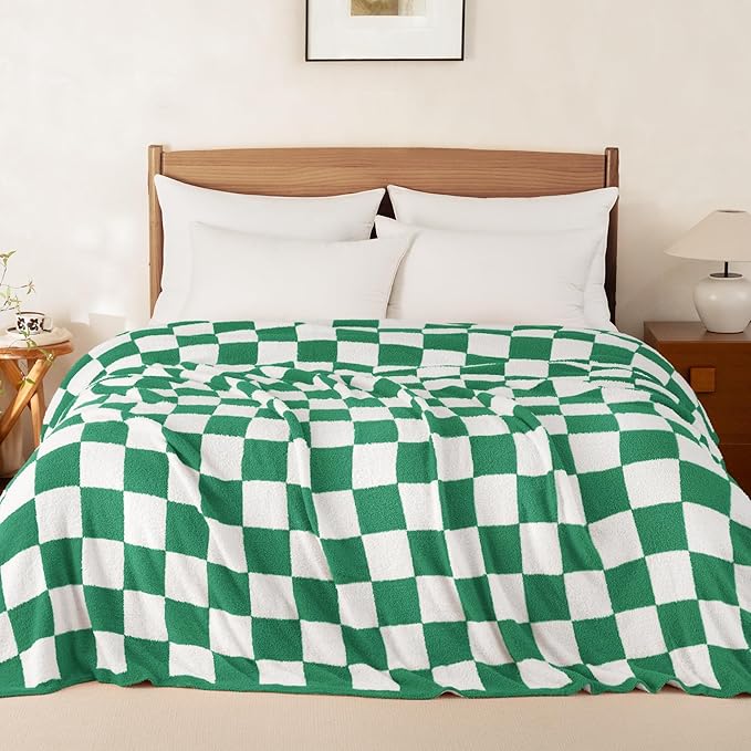 Whale Flotilla Checkered Knit Blanket Twin Size, Ultra Soft Warm Reversible Cozy Decorative Blankets for Couch Sofa and Bed, 60x80 Inch, Green