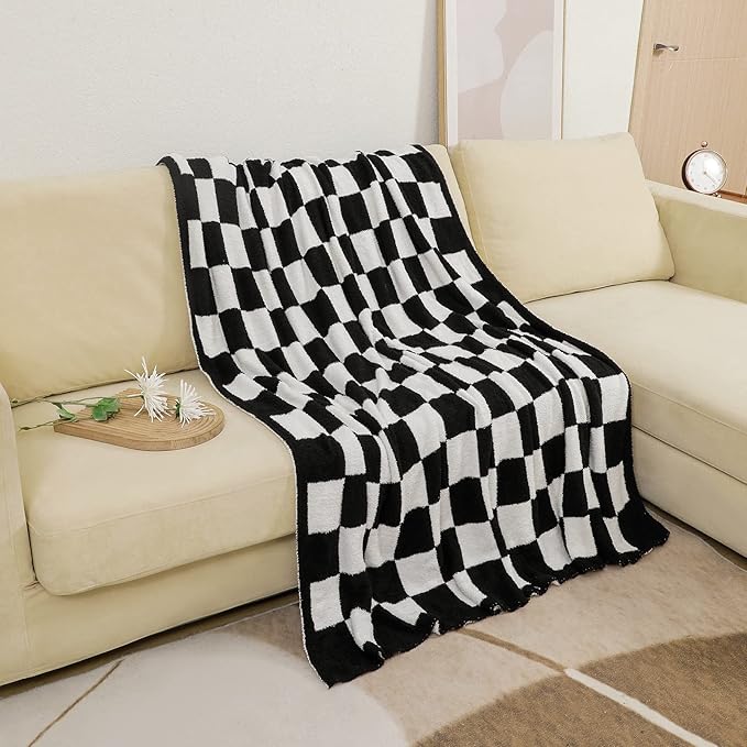 bearberry Fuzzy Checkerboard Grid Throw Blanket Knitted Soft Cozy Warm Microfiber Blanket Decor for Couch Sofa Bed Travel Home (Black, 40''x50'')