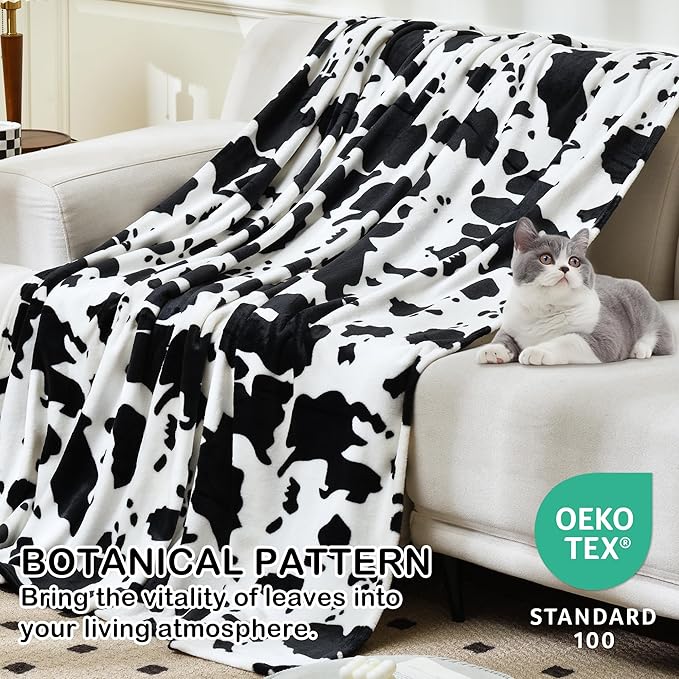 Softan Fleece Blanket - Black White Cow Print Throw Blanket - Fuzzy Lightweight Super Soft Microfiber Flannel Blankets for Couch, Bed, Sofa - Ultra Luxurious Warm and Cozy for All Seasons (90"×90")