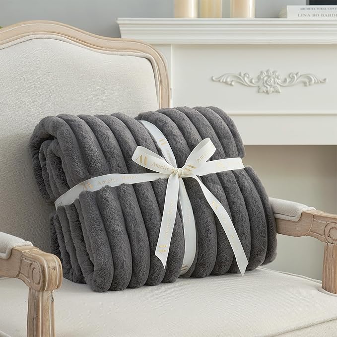 Amélie Home Faux Fur Throw Blanket for Couch, Cozy Fuzzy Fluffy Fur Luxurious Soft Striped Plush Gift Blankets for Family Sofa Chair Bedroom, 60"x80", Charcoal Grey